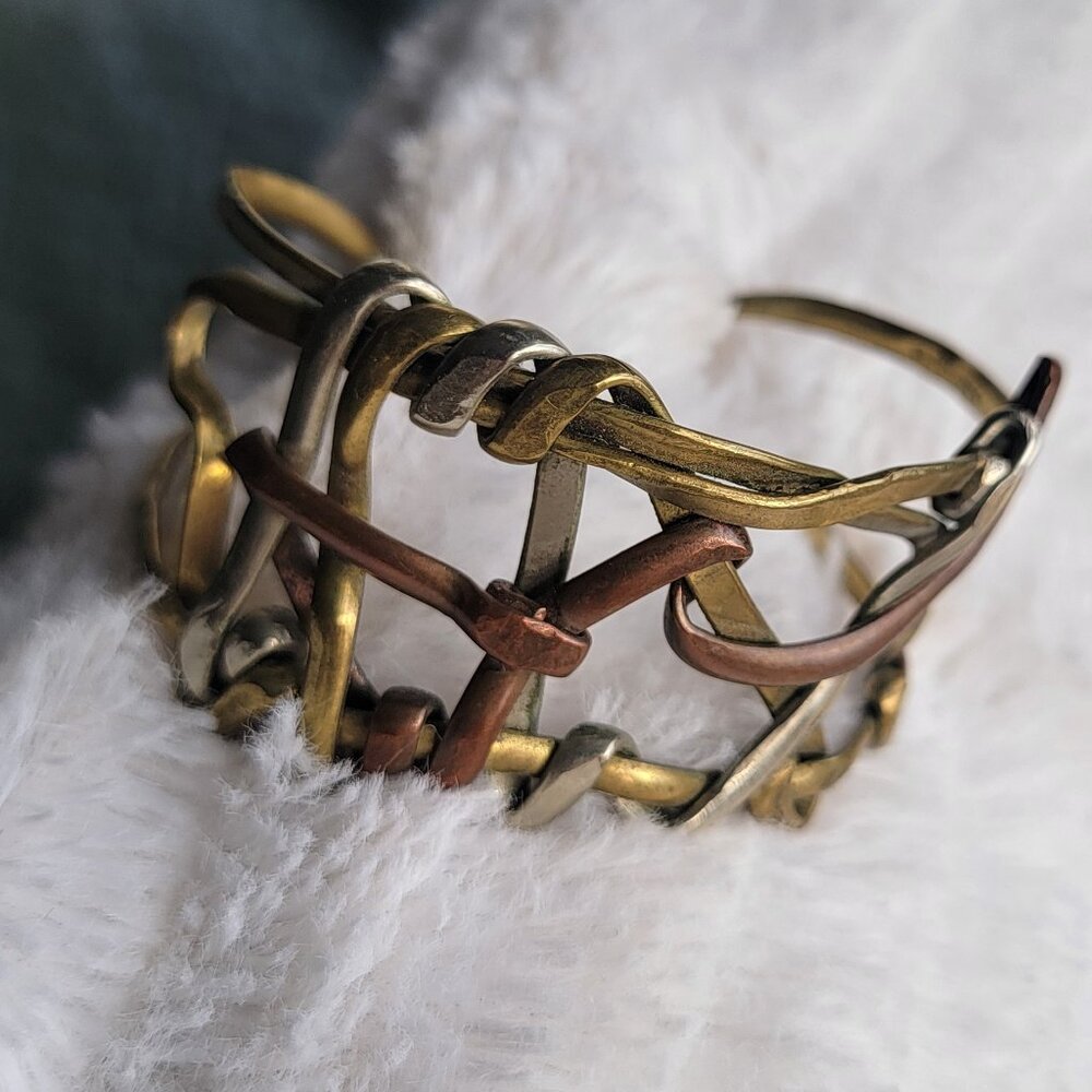 Woven Mixed Metal Cuff Bracelet – Gold & Silver Tone Braided Boho Statement